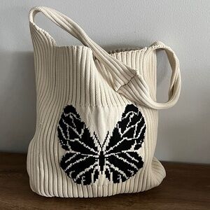 Boutique Cream Ribbed Knit Butterfly Shoulder Bag Soft Girl Aesthetic